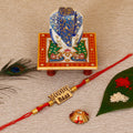 Designer Wooden Moddy Bhai Rakhi with Lord Ganesha on Marble Chowki and Roli Tikka Matki Kafalo