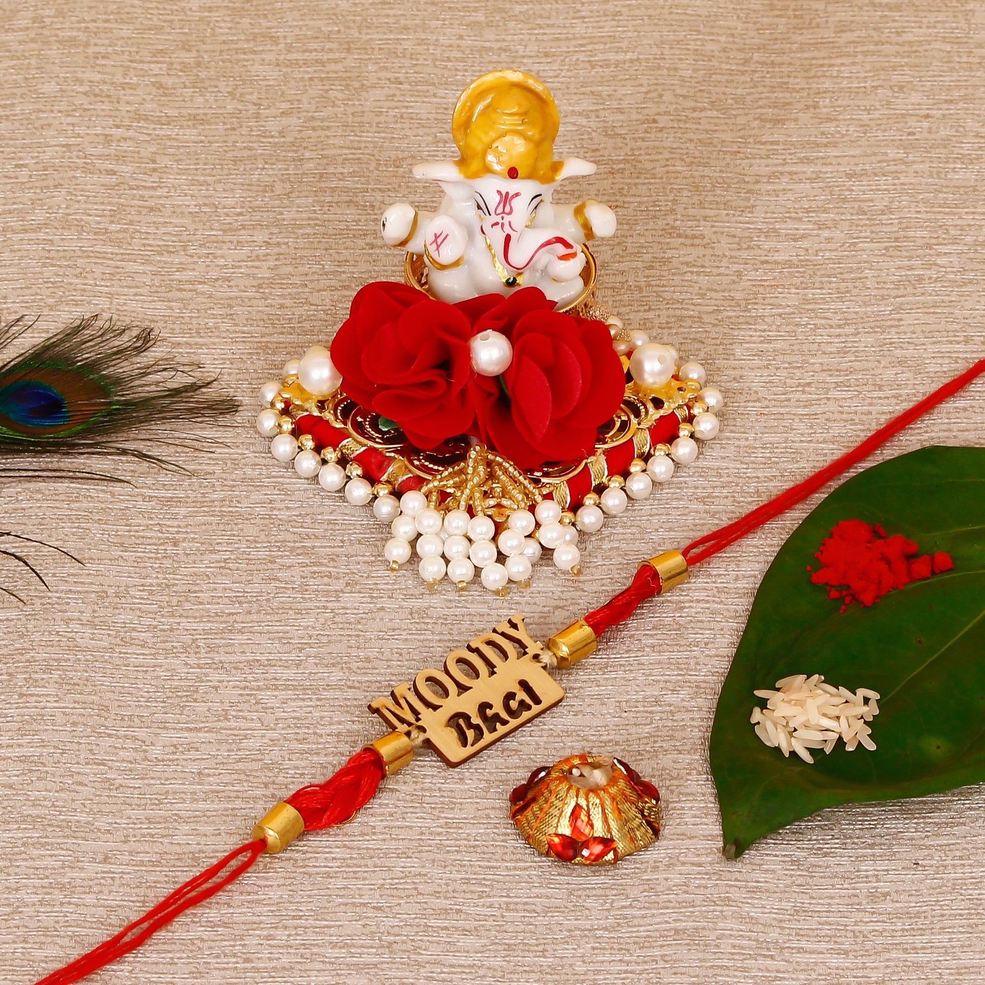Designer Wooden Moddy Bhai Rakhi with Lord Ganesha Idol on Decorative Plate for Car & Home and Roli Tikka Matki Kafalo