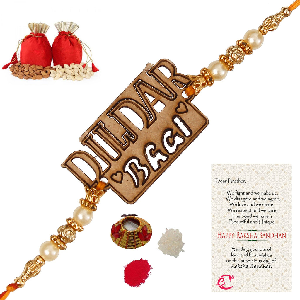 Designer Wooden Dildar Bhai Rakhi with Badam and Cashew (200 gm each, total 400 gm) and Roli Tikka Matki, Best Wishes Greeting Card Kafalo