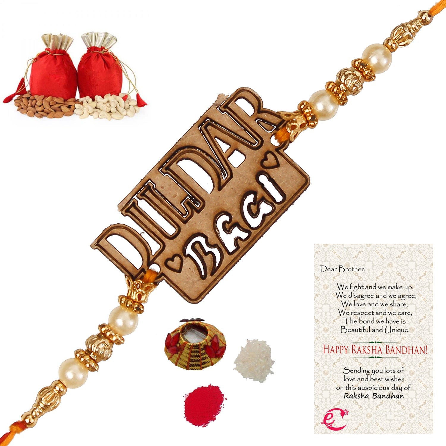 Designer Wooden Dildar Bhai Rakhi with Badam and Cashew (200 gm each, total 400 gm) and Roli Tikka Matki, Best Wishes Greeting Card Kafalo