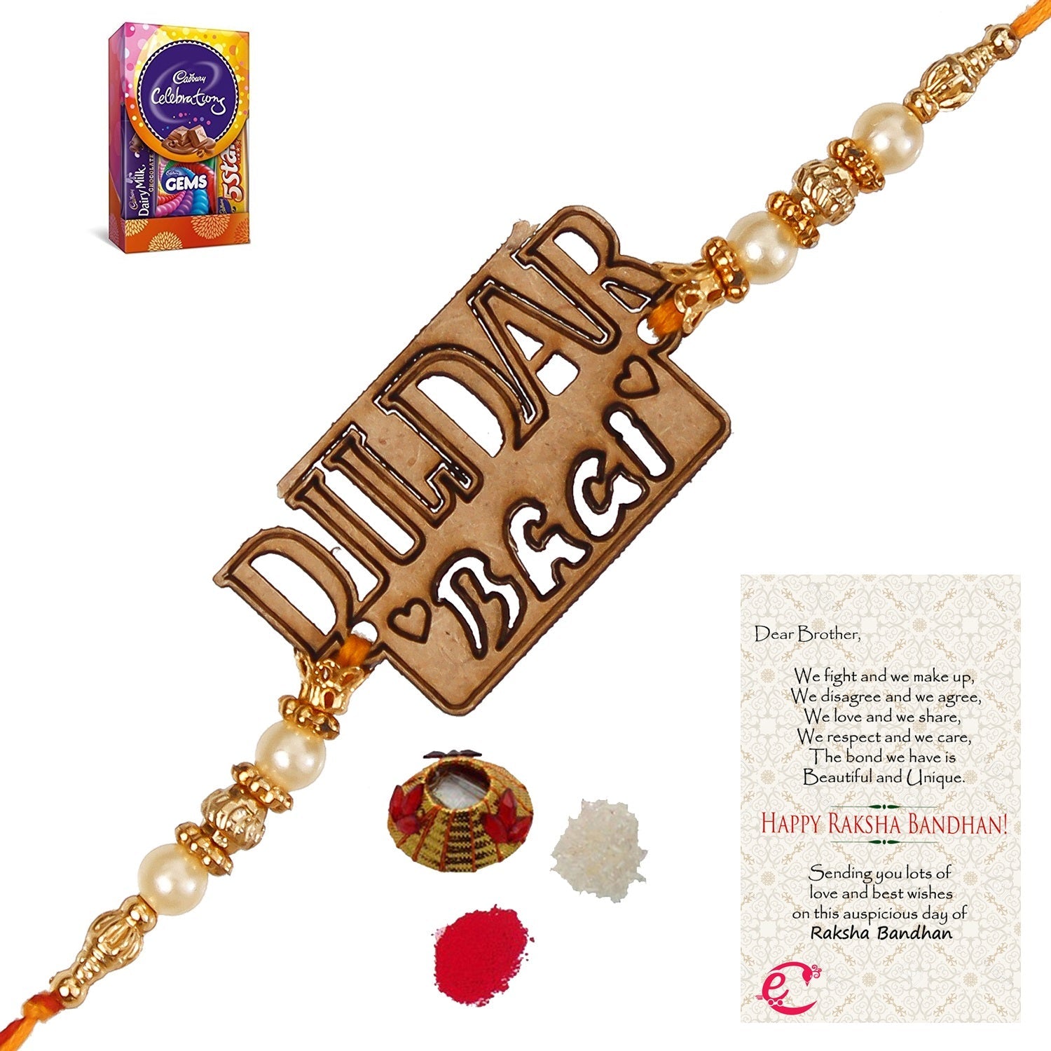 Designer Wooden Dildar Bhai Rakhi with Cadbury Celebrations Gift Pack of 5 Assorted Chocolates and Roli Tikka Matki, Best Wishes Greeting Card Kafalo