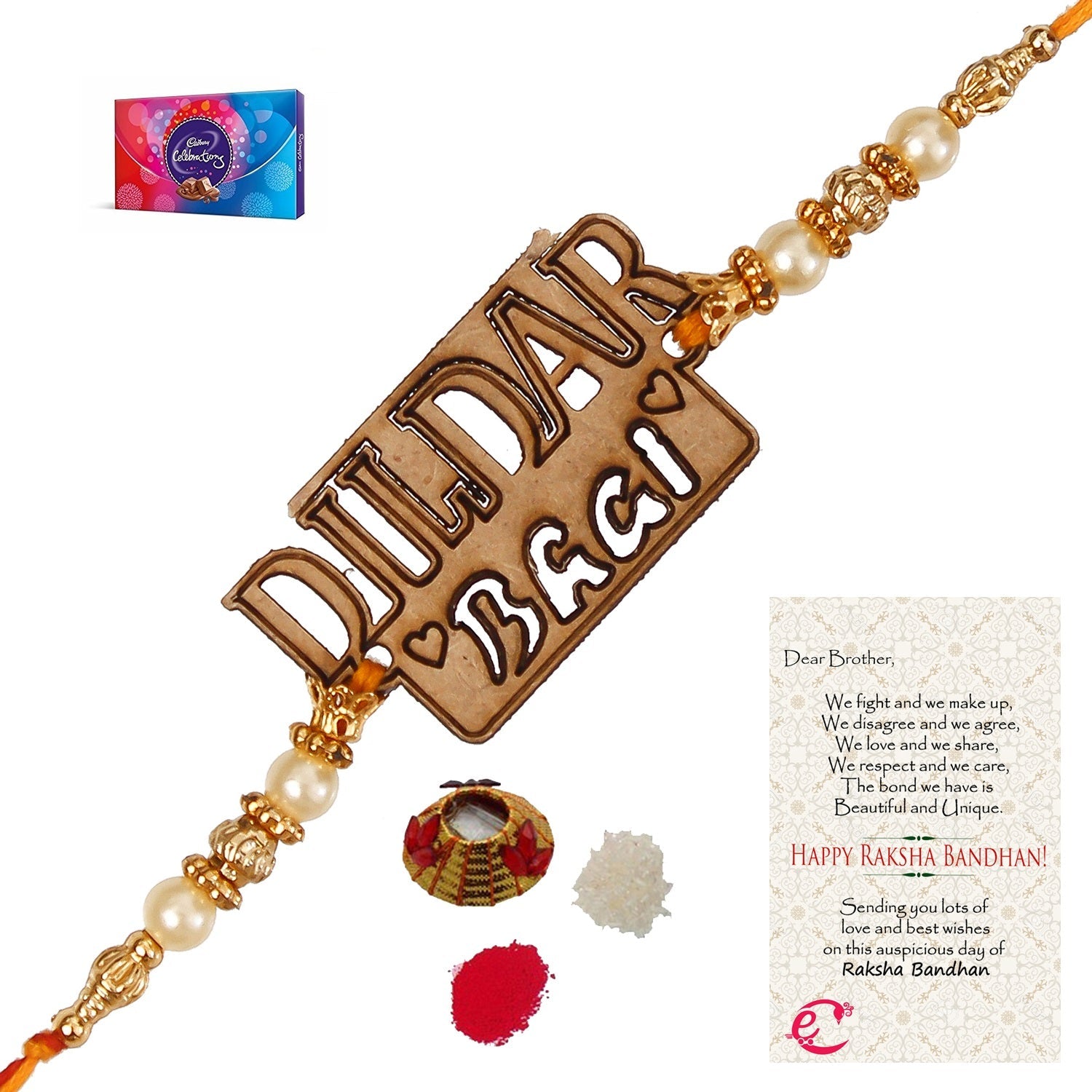 Designer Wooden Dildar Bhai Rakhi with Cadbury Celebrations Gift Pack of 7 Assorted Chocolates and Roli Tikka Matki, Best Wishes Greeting Card Kafalo