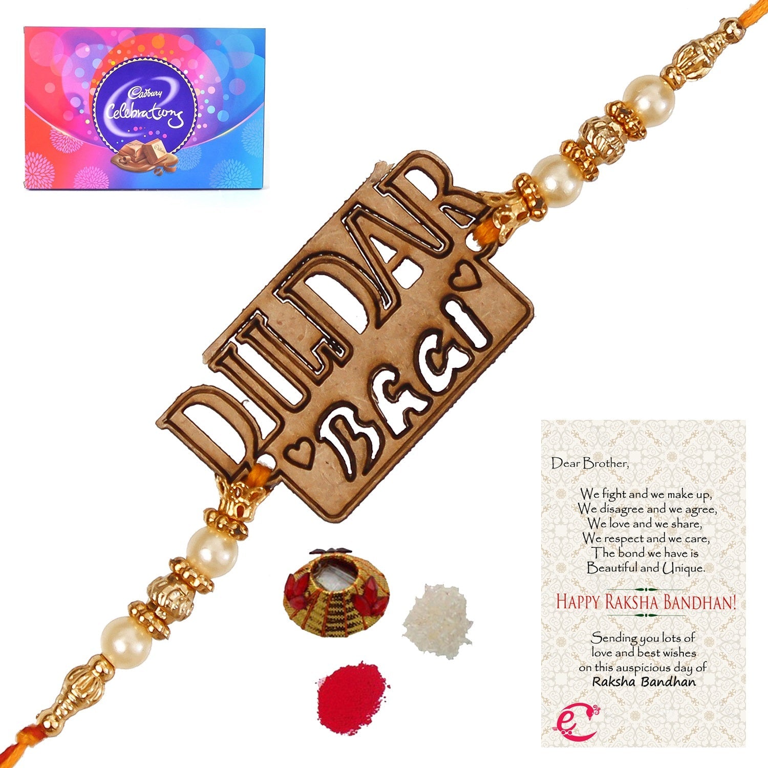 Designer Wooden Dildar Bhai Rakhi with Cadbury Celebrations Gift Pack of 11 Assorted Chocolates and Roli Tikka Matki, Best Wishes Greeting Card Kafalo