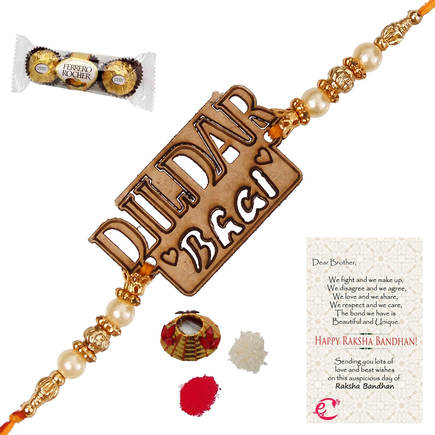 Designer Wooden Dildar Bhai Rakhi with Ferrero Rocher (3 pcs) and Roli Tikka Matki, Best Wishes Greeting Card Kafalo