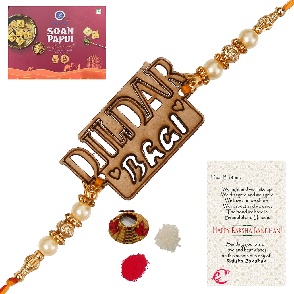 Designer Wooden Dildar Bhai Rakhi with Soan Papdi (500 Gm) and Roli Tikka Matki, Best Wishes Greeting Card Kafalo
