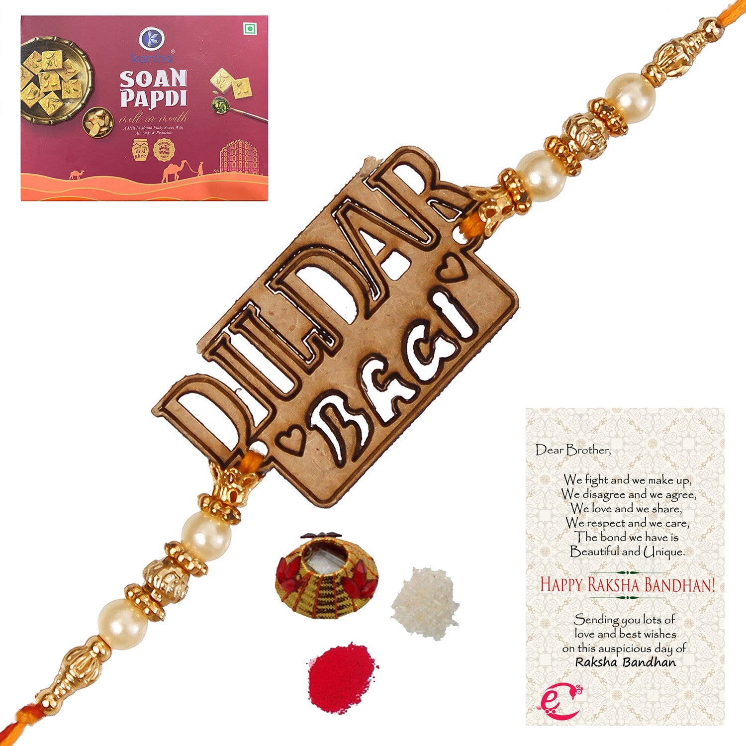 Designer Wooden Dildar Bhai Rakhi with Soan Papdi (500 Gm) and Roli Tikka Matki, Best Wishes Greeting Card Kafalo