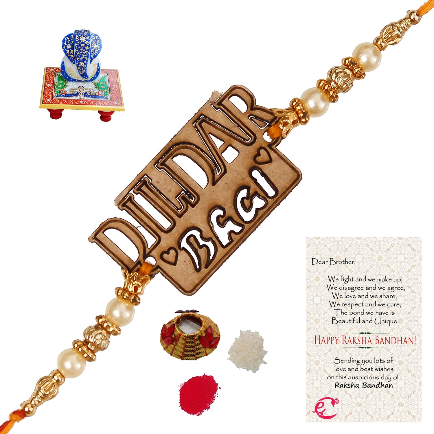 Designer Wooden Dildar Bhai Rakhi with Lord Ganesha on Marble Chowki and Roli Tikka Matki, Best Wishes Greeting Card Kafalo