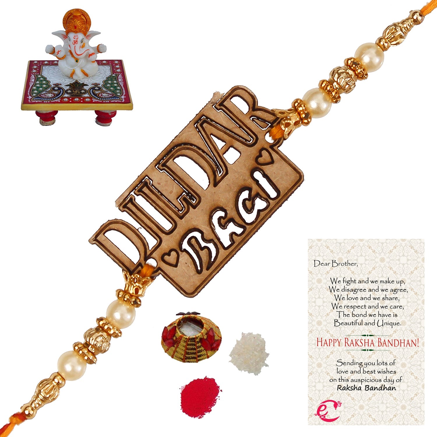 Designer Wooden Dildar Bhai Rakhi with Lord Ganesha Marble Chowki and Roli Tikka Matki, Best Wishes Greeting Card Kafalo