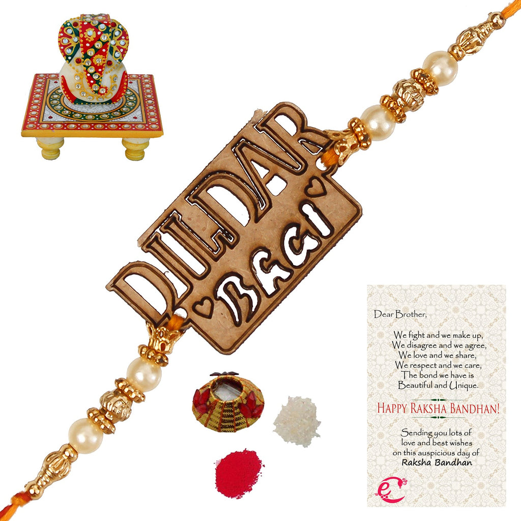 Designer Wooden Dildar Bhai Rakhi with Lord Ganesha on Kundan Studded Marble Chowki and Roli Tikka Matki, Best Wishes Greeting Card Kafalo