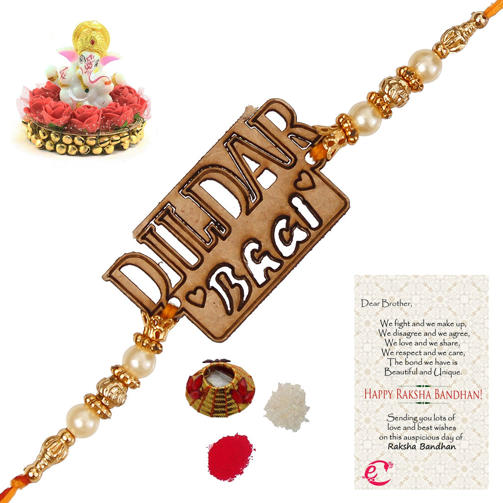 Designer Wooden Dildar Bhai Rakhi with Lord Ganesha Idol on Decorative Plate for Car & Home and Roli Tikka Matki, Best Wishes Greeting Card Kafalo