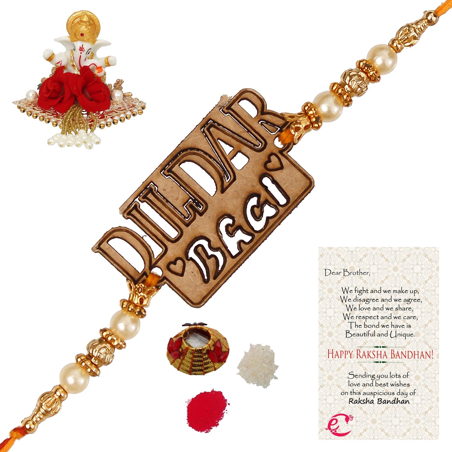 Designer Wooden Dildar Bhai Rakhi with Lord Ganesha Idol on Decorative Plate for Car & Home and Roli Tikka Matki, Best Wishes Greeting Card Kafalo
