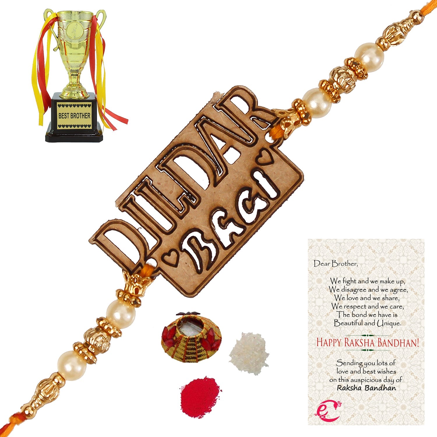 Designer Wooden Dildar Bhai Rakhi with Best Brother Trophy and Roli Tikka Matki, Best Wishes Greeting Card Kafalo
