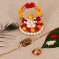 Designer Wooden Dildar Bhai Rakhi with Lord Ganesha Idol on Decorative Plate for Car & Home and Roli Tikka Matki Kafalo