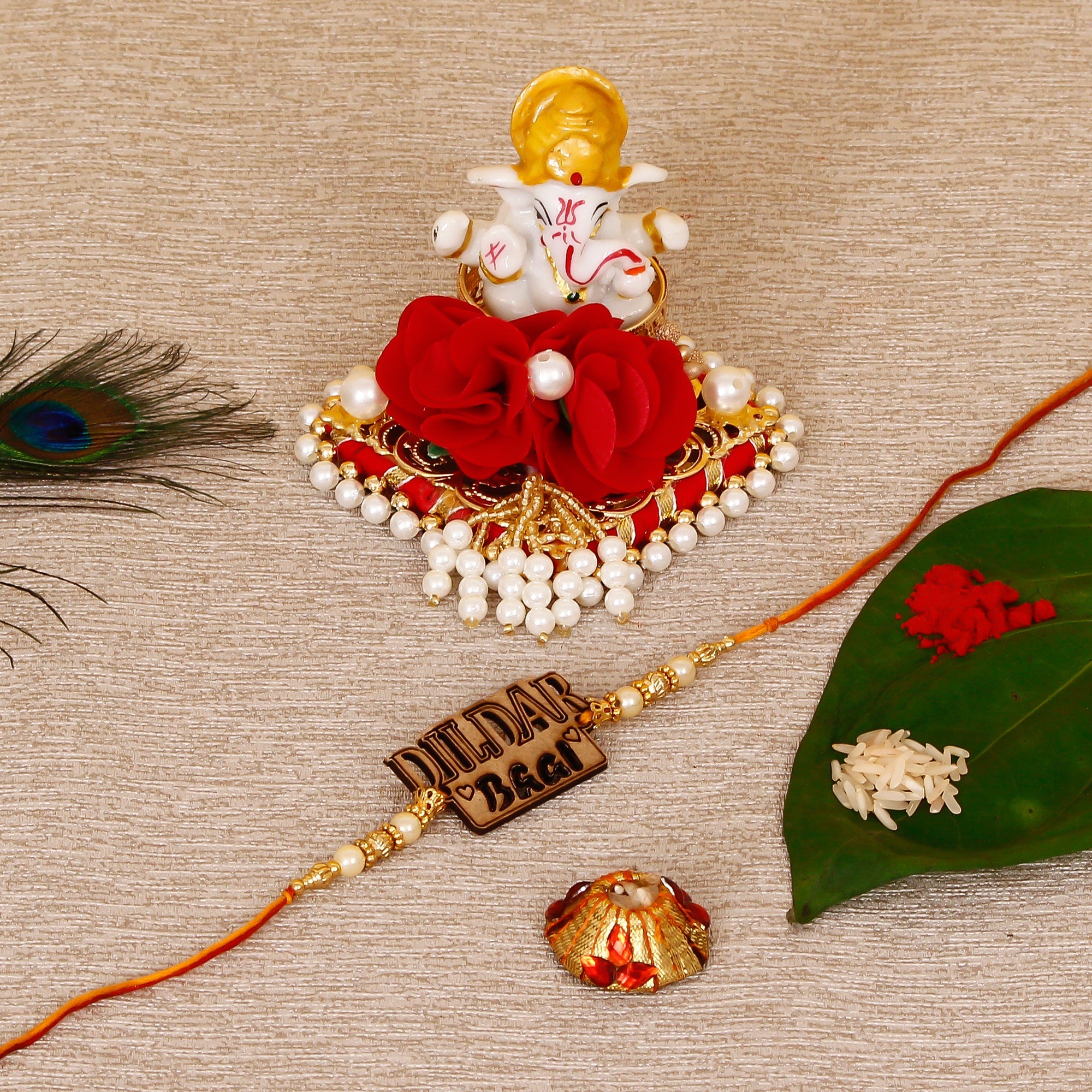 Designer Wooden Dildar Bhai Rakhi with Lord Ganesha Idol on Decorative Plate for Car & Home and Roli Tikka Matki Kafalo