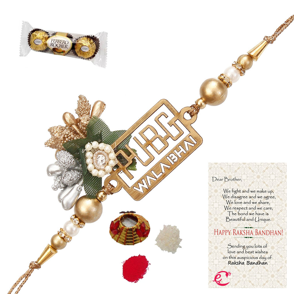Designer Pubg Wala Bhai Rakhi with Ferrero Rocher (3 pcs) and Roli Tikka Matki, Best Wishes Greeting Card Kafalo