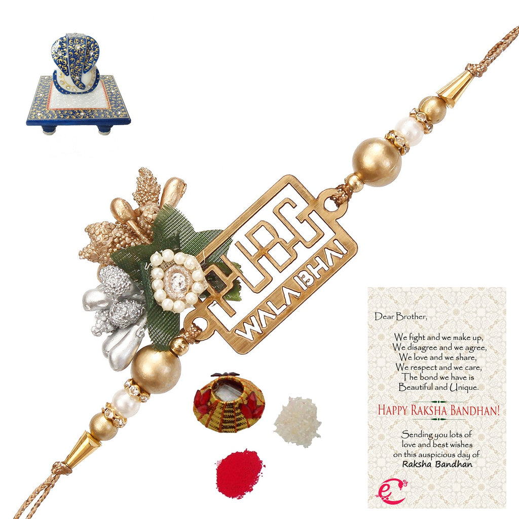 Designer Pubg Wala Bhai Rakhi with Lord Ganesha Marble Chowki and Roli Tikka Matki, Best Wishes Greeting Card Kafalo