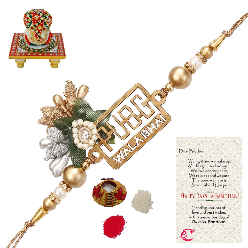 Designer Pubg Wala Bhai Rakhi with Lord Ganesha on Kundan Studded Marble Chowki and Roli Tikka Matki, Best Wishes Greeting Card Kafalo