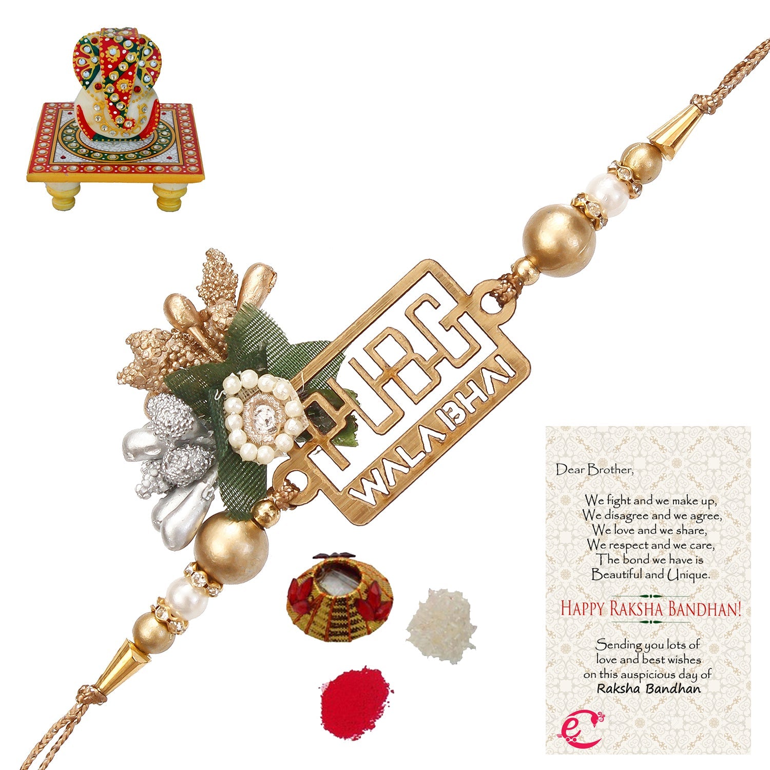 Designer Pubg Wala Bhai Rakhi with Lord Ganesha on Kundan Studded Marble Chowki and Roli Tikka Matki, Best Wishes Greeting Card Kafalo