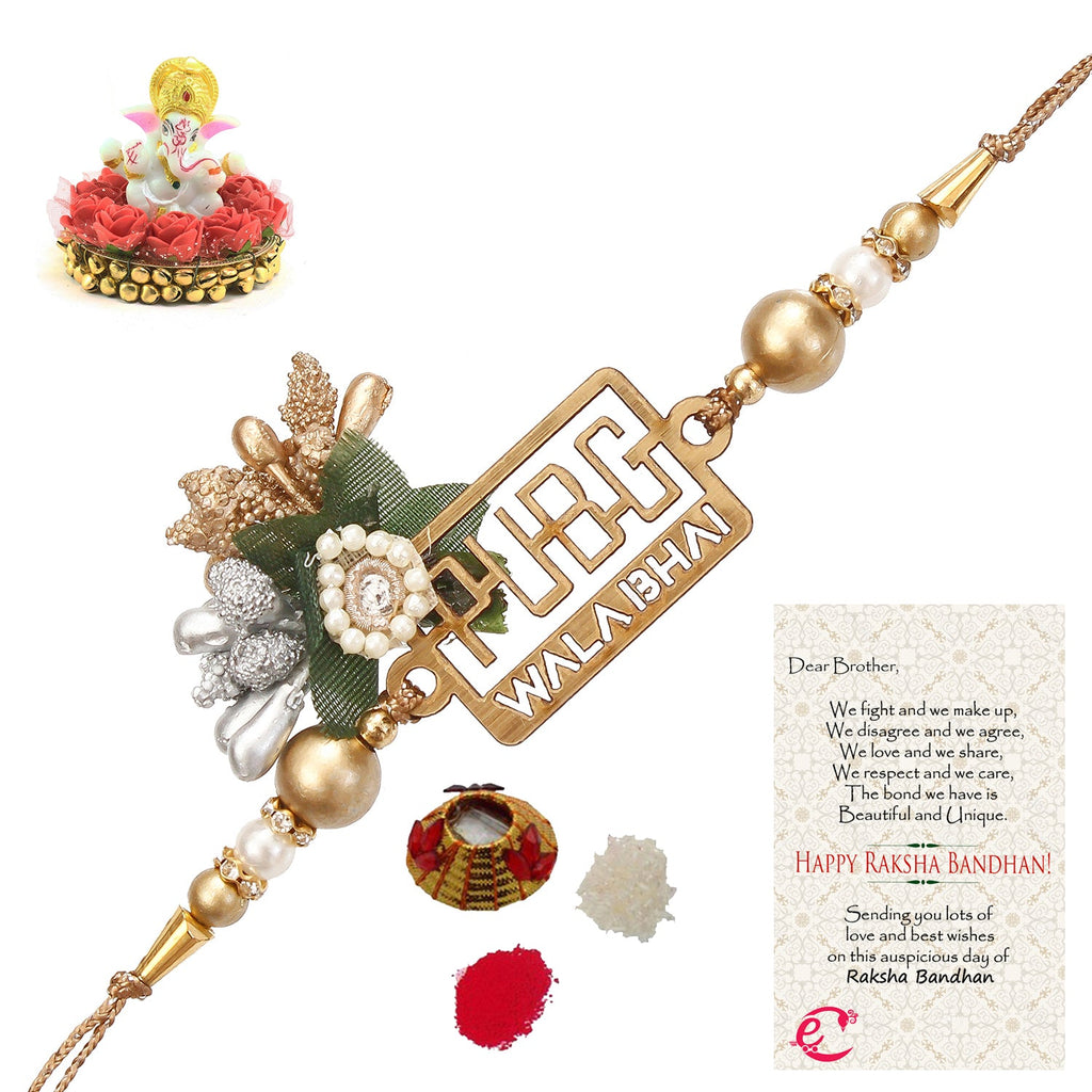 Designer Pubg Wala Bhai Rakhi with Lord Ganesha Idol on Decorative Plate for Car & Home and Roli Tikka Matki, Best Wishes Greeting Card Kafalo