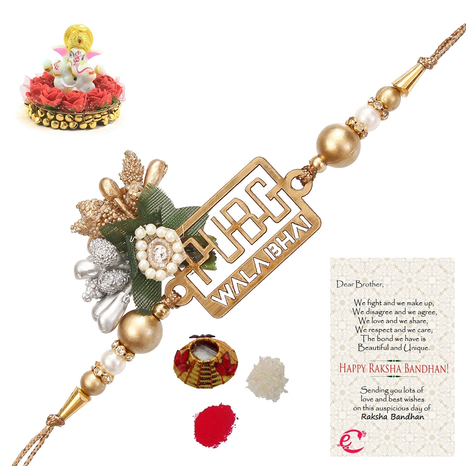 Designer Pubg Wala Bhai Rakhi with Lord Ganesha Idol on Decorative Plate for Car & Home and Roli Tikka Matki, Best Wishes Greeting Card Kafalo
