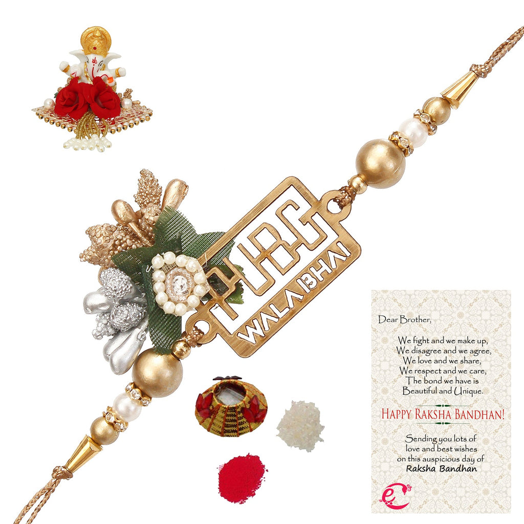 Designer Pubg Wala Bhai Rakhi with Lord Ganesha Idol on Decorative Plate for Car & Home and Roli Tikka Matki, Best Wishes Greeting Card Kafalo
