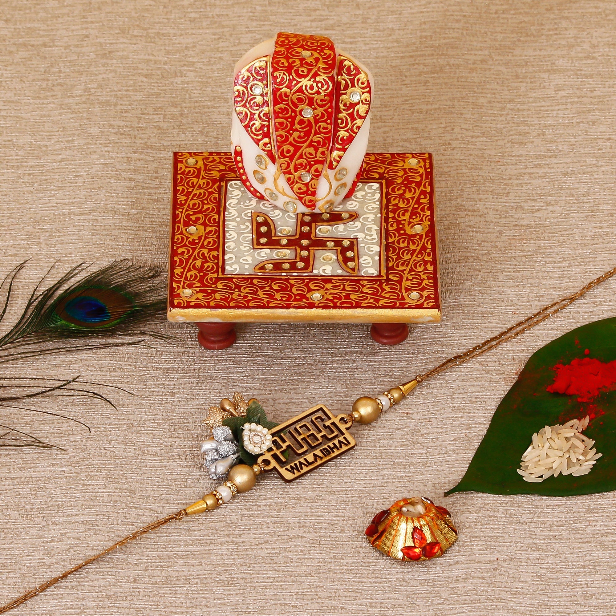 Designer Pubg Wala Bhai Rakhi with Ridhi Sidhi Marble chowki and Roli Tikka Matki Kafalo
