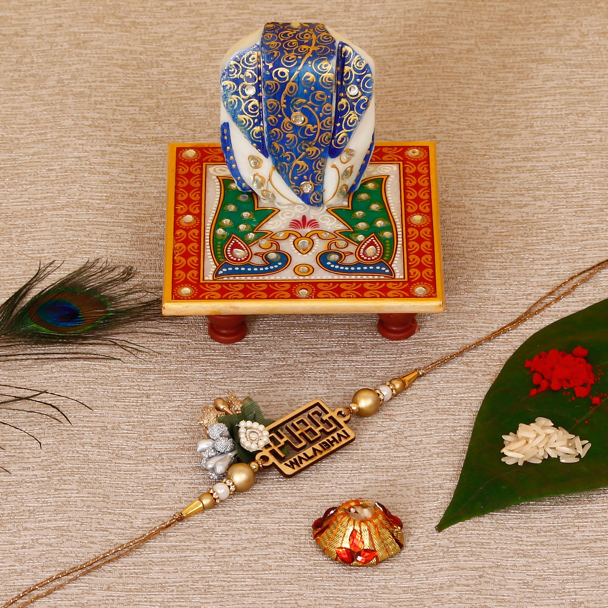 Designer Pubg Wala Bhai Rakhi with Lord Ganesha on Marble Chowki and Roli Tikka Matki Kafalo