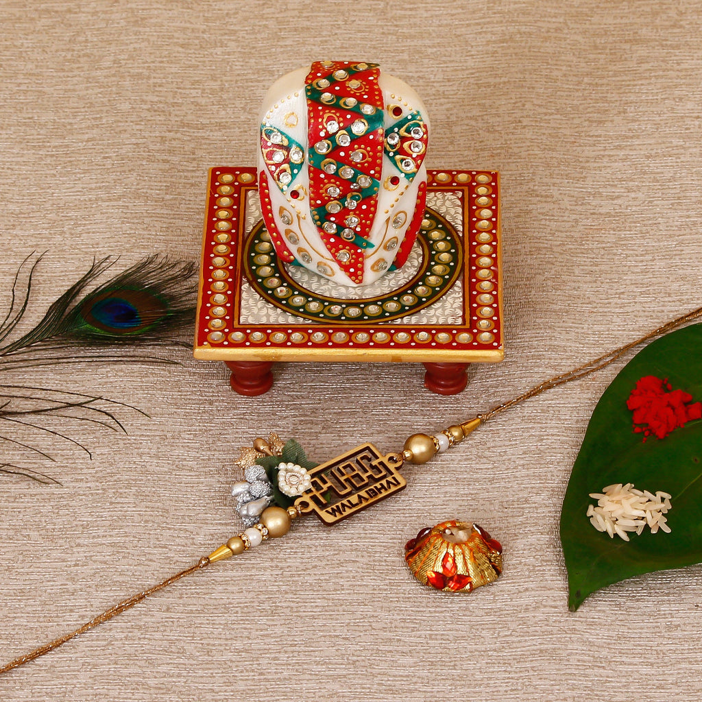 Designer Pubg Wala Bhai Rakhi with Lord Ganesha on Kundan Studded Marble Chowki and Roli Tikka Matki Kafalo