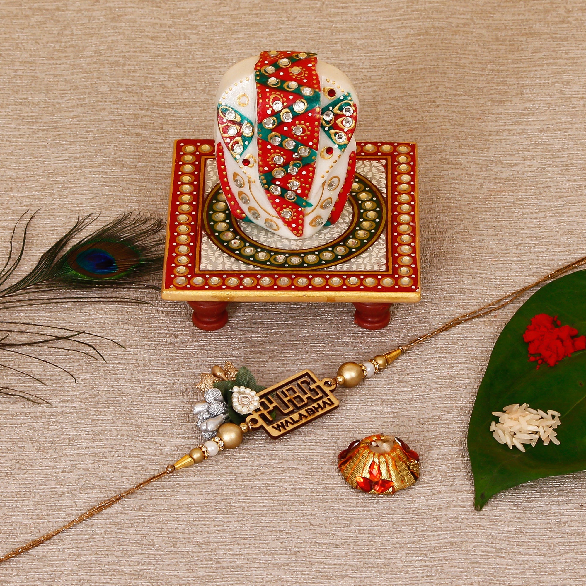 Designer Pubg Wala Bhai Rakhi with Lord Ganesha on Kundan Studded Marble Chowki and Roli Tikka Matki Kafalo