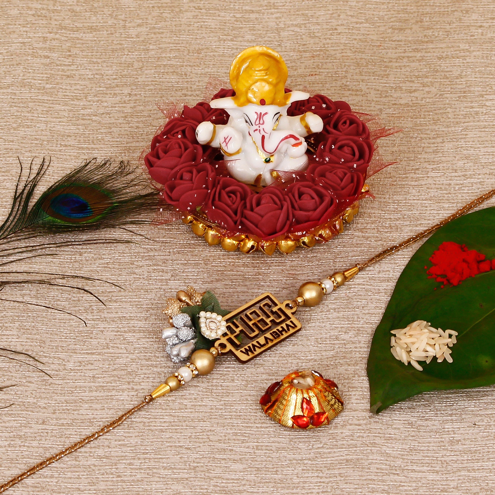 Designer Pubg Wala Bhai Rakhi with Lord Ganesha Idol on Decorative Plate for Car & Home and Roli Tikka Matki Kafalo