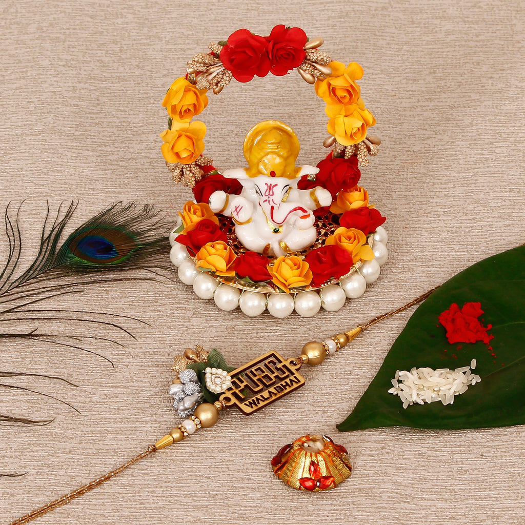 Designer Pubg Wala Bhai Rakhi with Lord Ganesha Idol on Decorative Plate for Car & Home and Roli Tikka Matki Kafalo