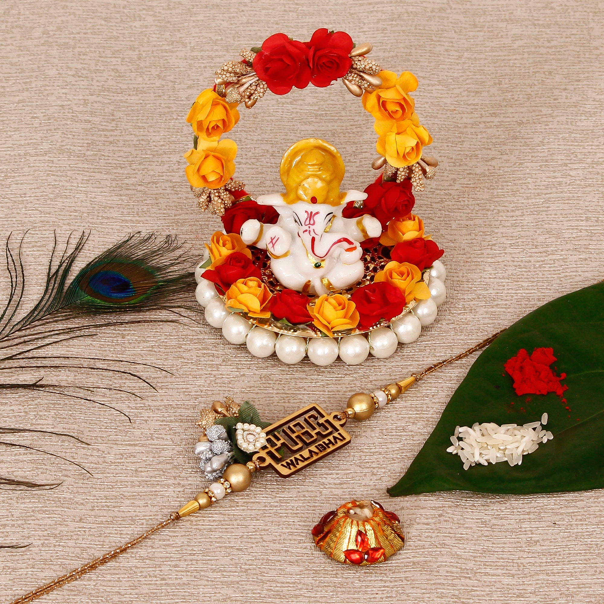 Designer Pubg Wala Bhai Rakhi with Lord Ganesha Idol on Decorative Plate for Car & Home and Roli Tikka Matki Kafalo
