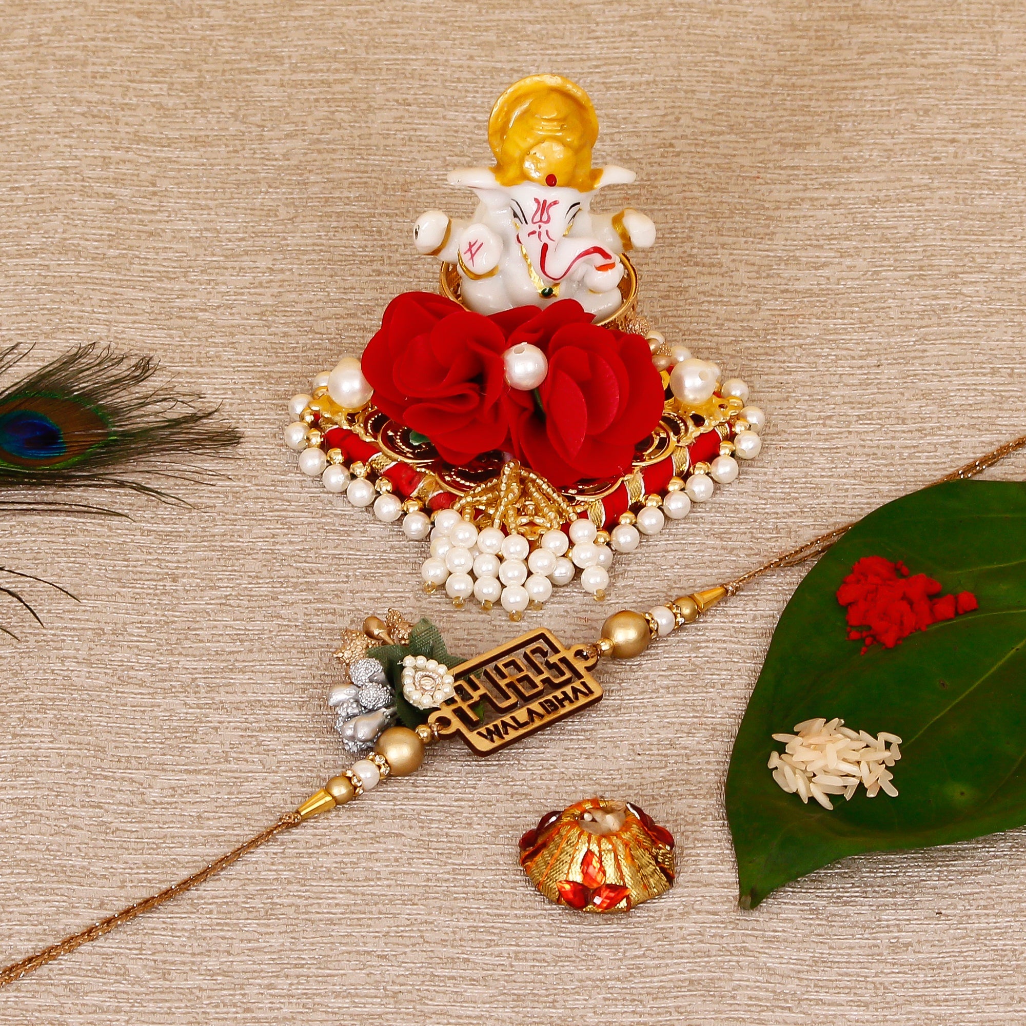 Designer Pubg Wala Bhai Rakhi with Lord Ganesha Idol on Decorative Plate for Car & Home and Roli Tikka Matki Kafalo