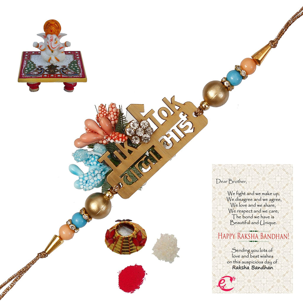 Designer Wooden Tiktok wala Bhai Rakhi with Lord Ganesha Marble Chowki and Roli Tikka Matki, Best Wishes Greeting Card Kafalo