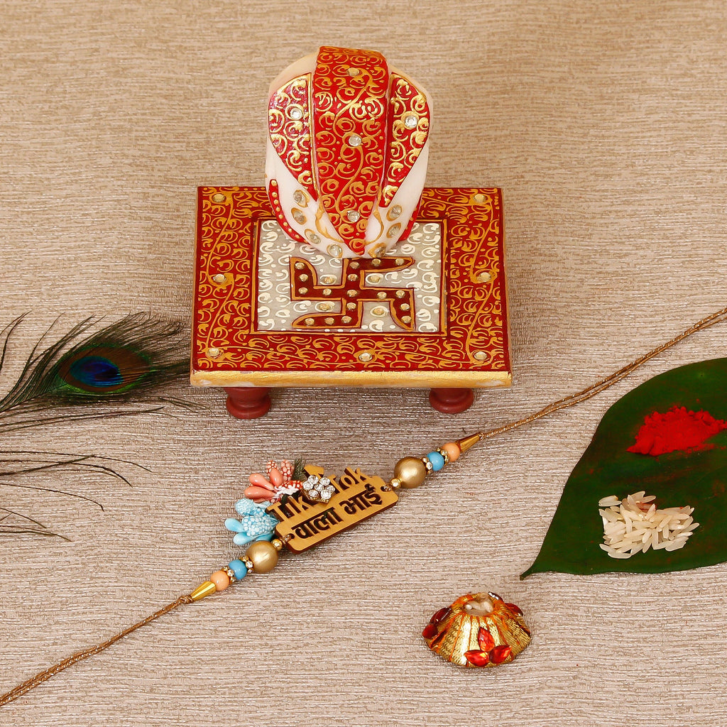 Designer Wooden Tiktok wala Bhai Rakhi with Ridhi Sidhi Marble chowki and Roli Tikka Matki Kafalo