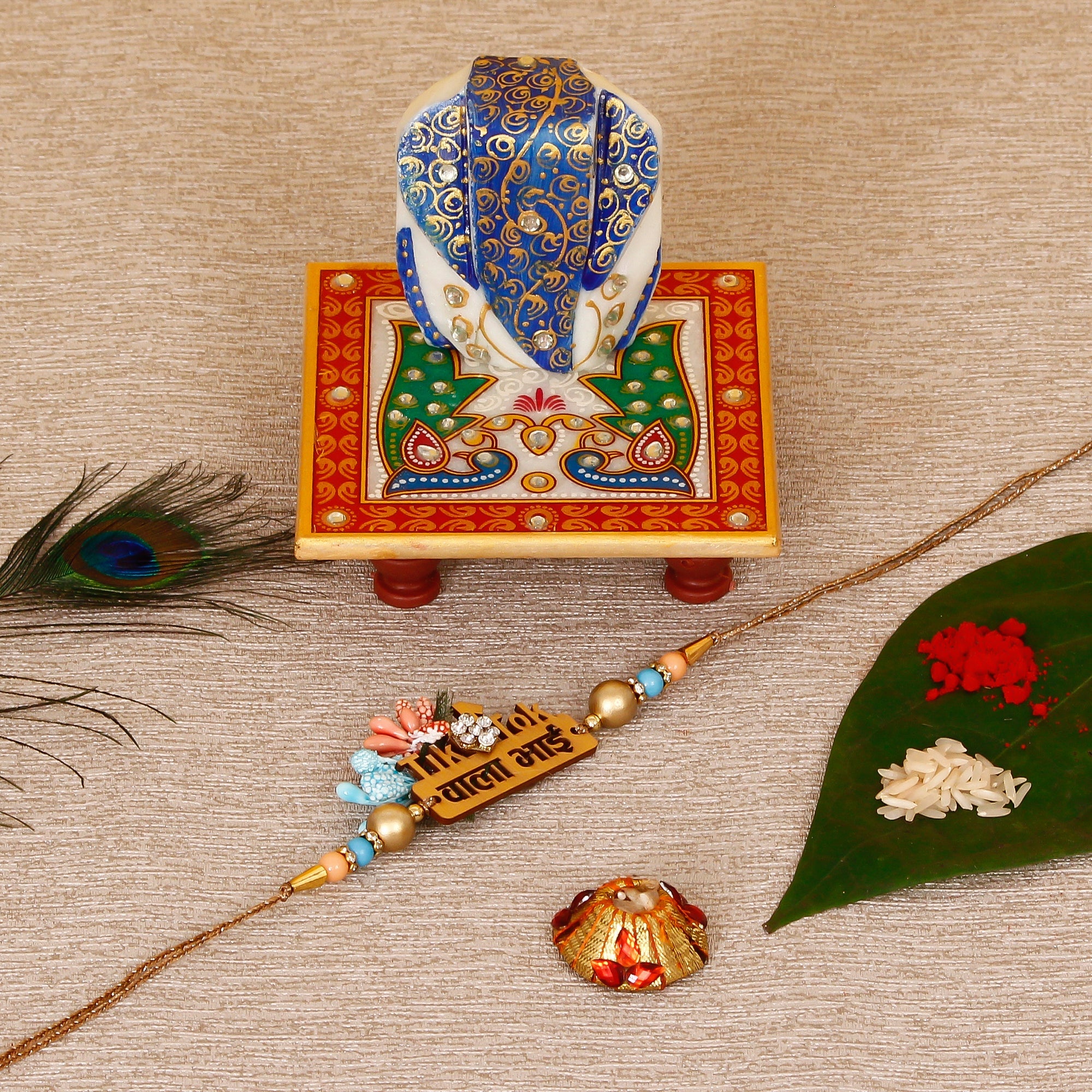 Designer Wooden Tiktok wala Bhai Rakhi with Lord Ganesha on Marble Chowki and Roli Tikka Matki Kafalo