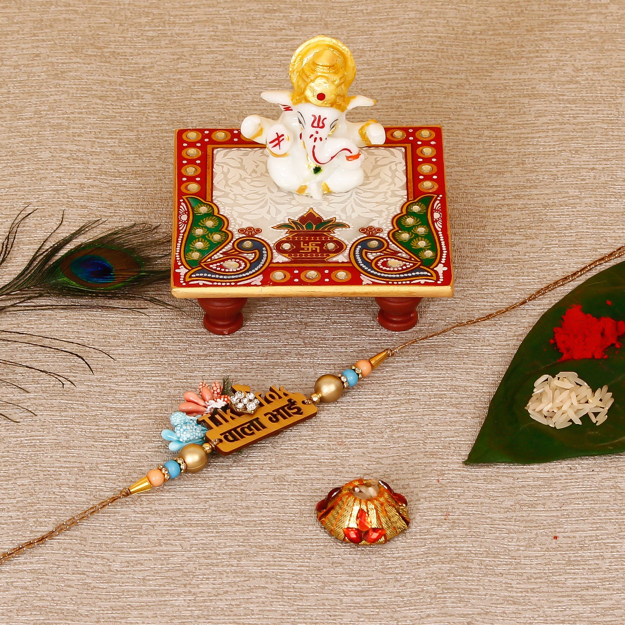 Designer Wooden Tiktok wala Bhai Rakhi with Lord Ganesha Marble Chowki and Roli Tikka Matki Kafalo