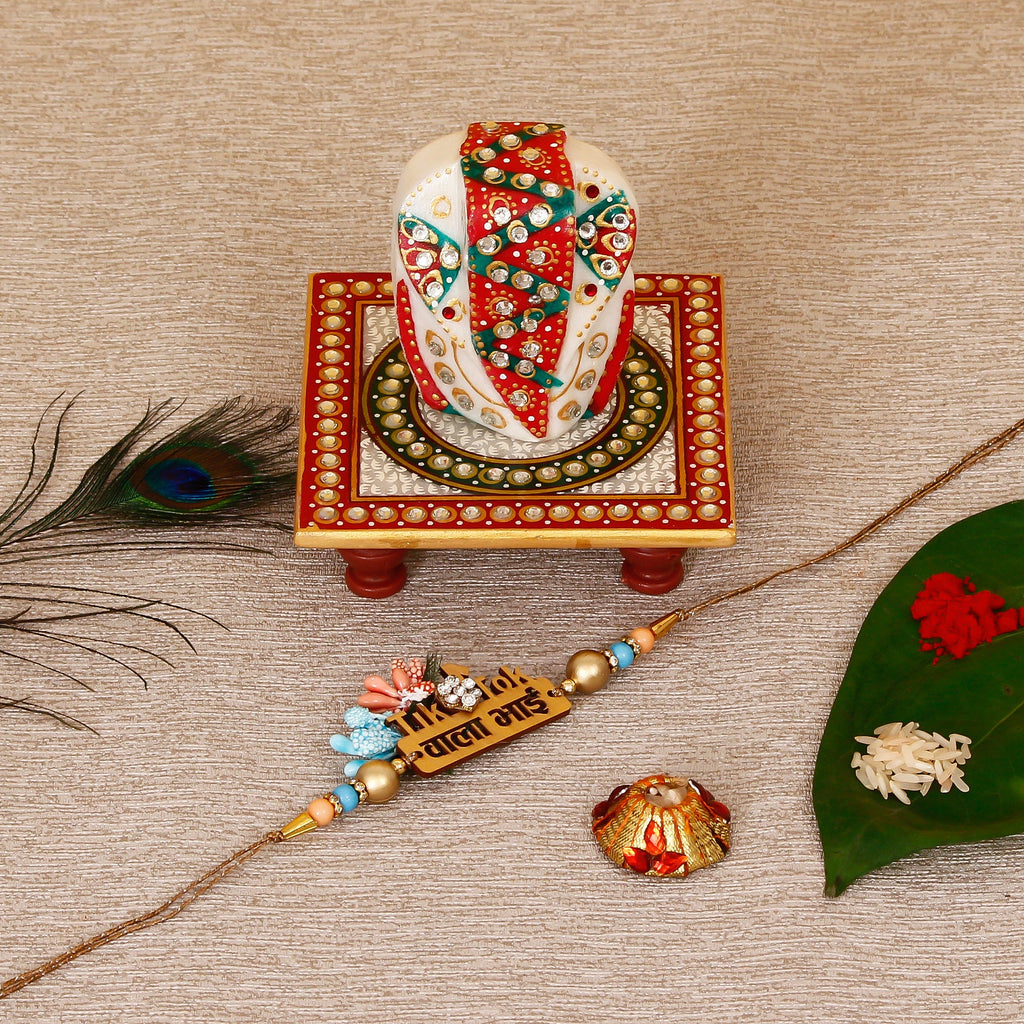 Designer Wooden Tiktok wala Bhai Rakhi with Lord Ganesha on Kundan Studded Marble Chowki and Roli Tikka Matki Kafalo