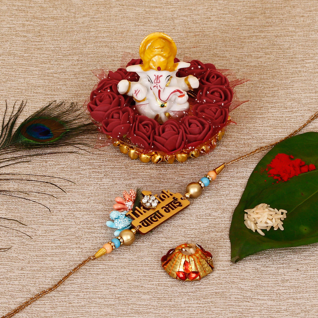 Designer Wooden Tiktok wala Bhai Rakhi with Lord Ganesha Idol on Decorative Plate for Car & Home and Roli Tikka Matki Kafalo
