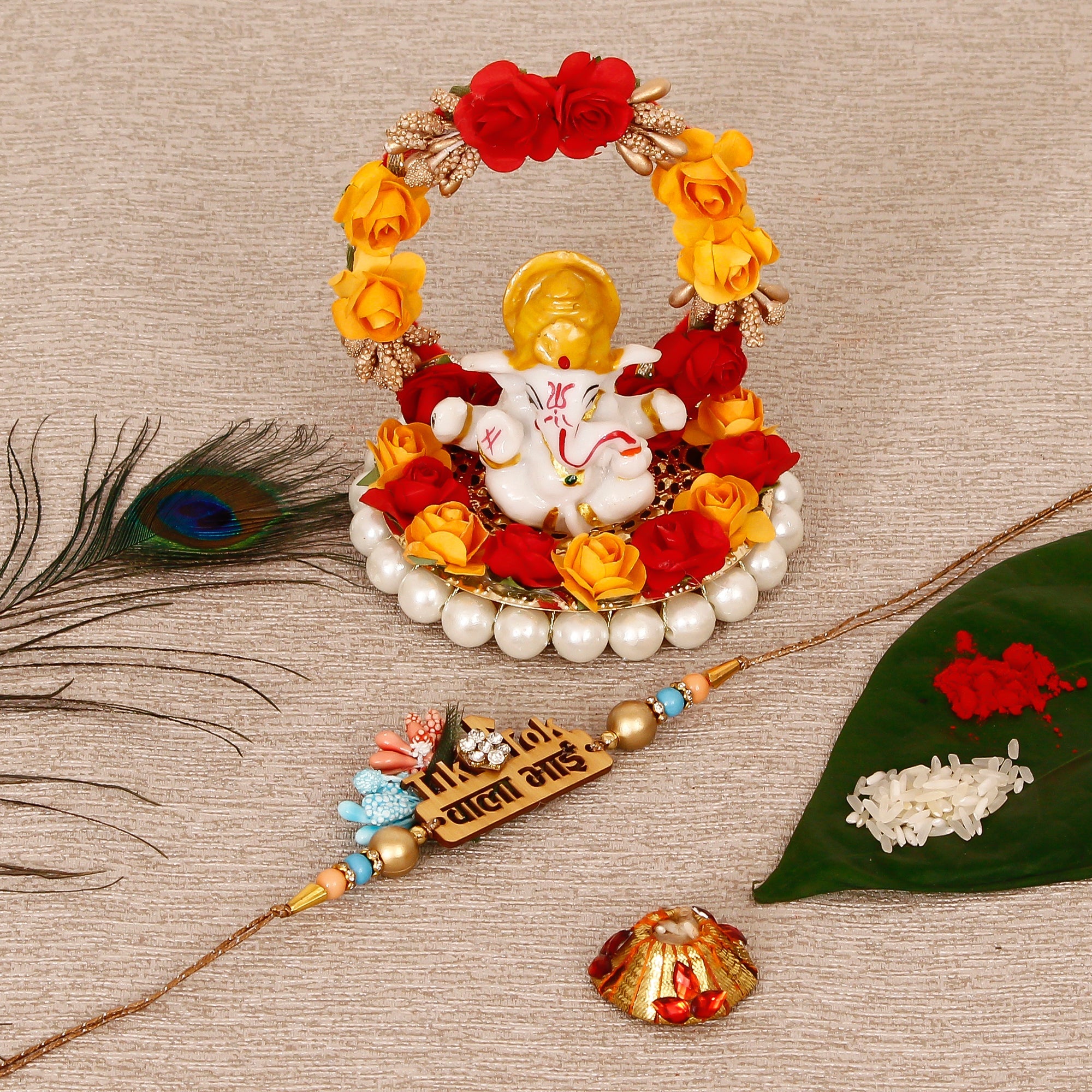 Designer Wooden Tiktok wala Bhai Rakhi with Lord Ganesha Idol on Decorative Plate for Car & Home and Roli Tikka Matki Kafalo