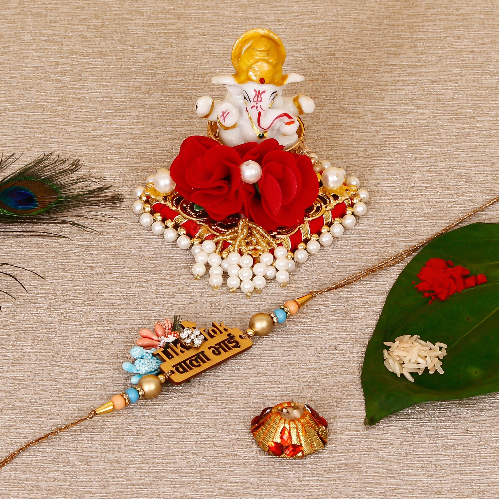 Designer Wooden Tiktok wala Bhai Rakhi with Lord Ganesha Idol on Decorative Plate for Car & Home and Roli Tikka Matki Kafalo