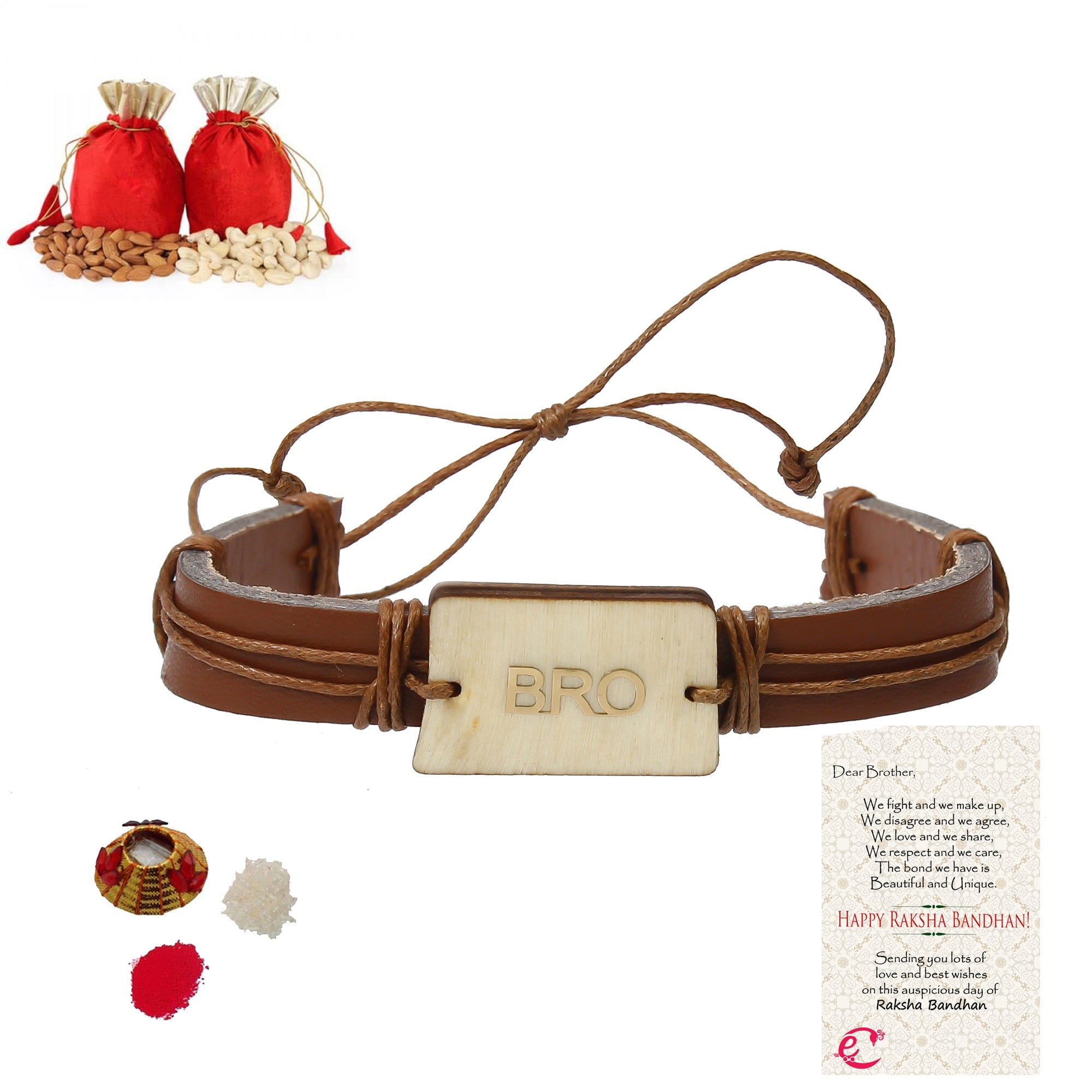 Designer Leather Bracelet BRO Rakhi with Badam and Cashew (200 gm each, total 400 gm) and Roli Tikka Matki, Best Wishes Greeting Card Kafalo