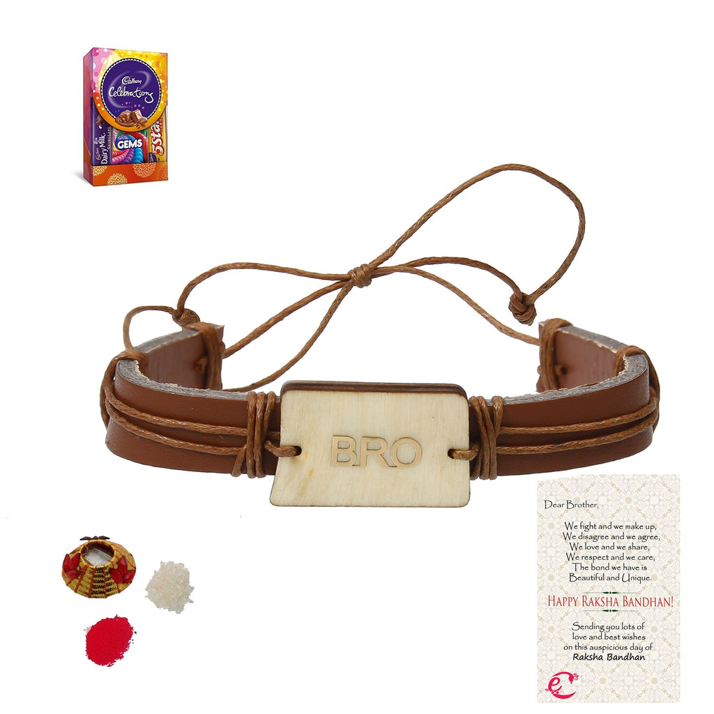 Designer Leather Bracelet BRO Rakhi with Cadbury Celebrations Gift Pack of 5 Assorted Chocolates and Roli Tikka Matki, Best Wishes Greeting Card Kafalo