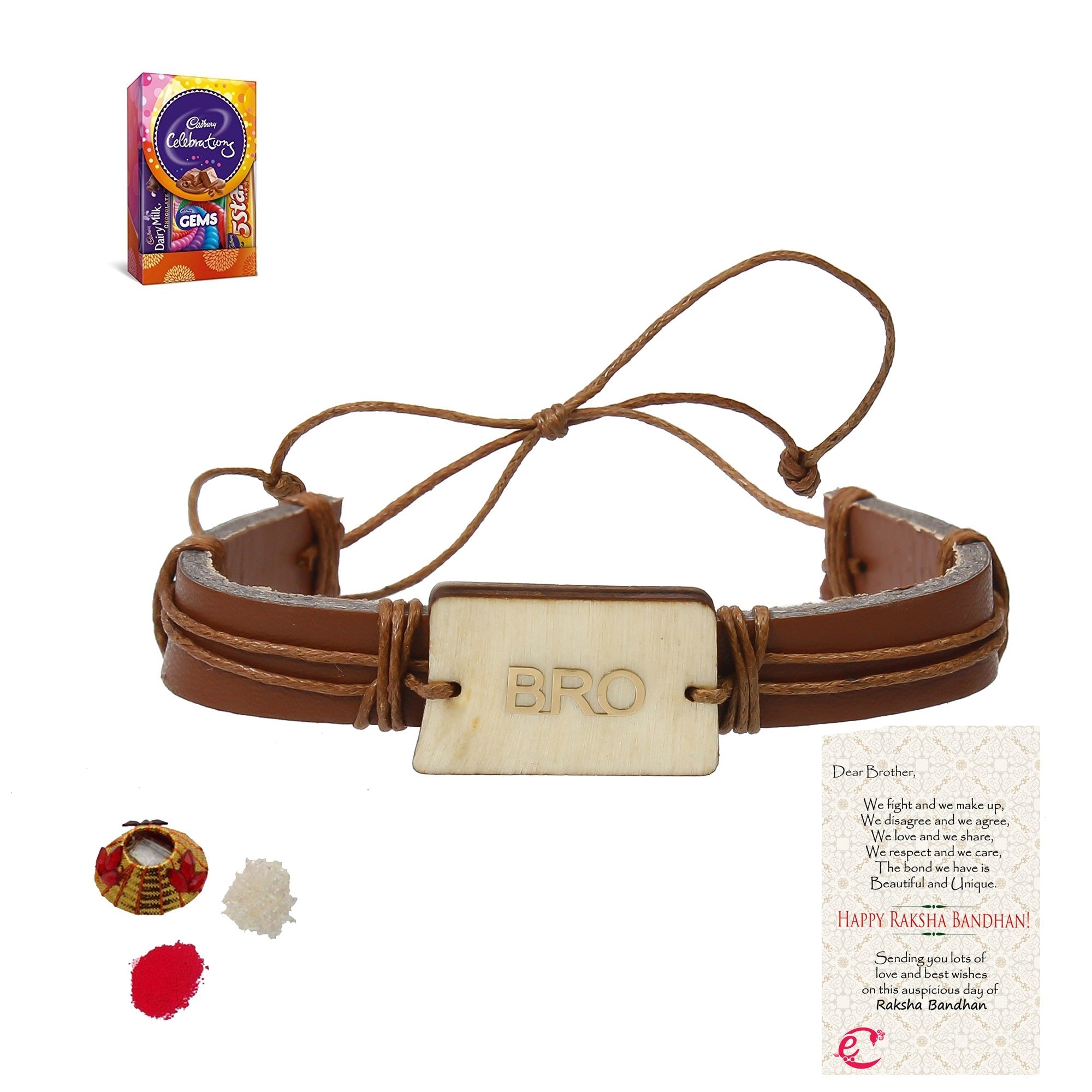 Designer Leather Bracelet BRO Rakhi with Cadbury Celebrations Gift Pack of 5 Assorted Chocolates and Roli Tikka Matki, Best Wishes Greeting Card Kafalo