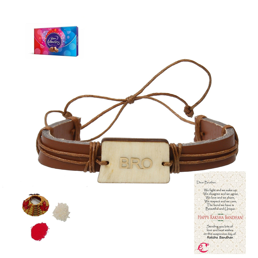 Designer Leather Bracelet BRO Rakhi with Cadbury Celebrations Gift Pack of 7 Assorted Chocolates and Roli Tikka Matki, Best Wishes Greeting Card Kafalo