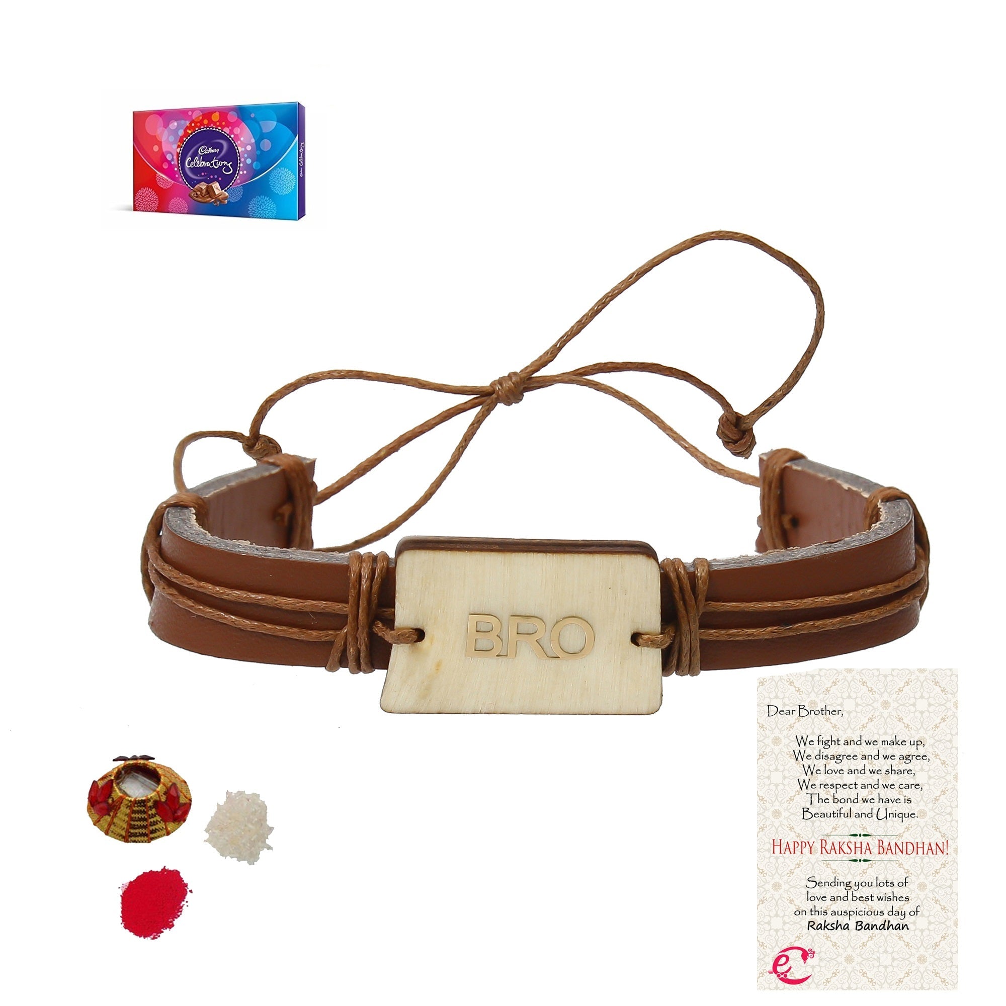 Designer Leather Bracelet BRO Rakhi with Cadbury Celebrations Gift Pack of 7 Assorted Chocolates and Roli Tikka Matki, Best Wishes Greeting Card Kafalo