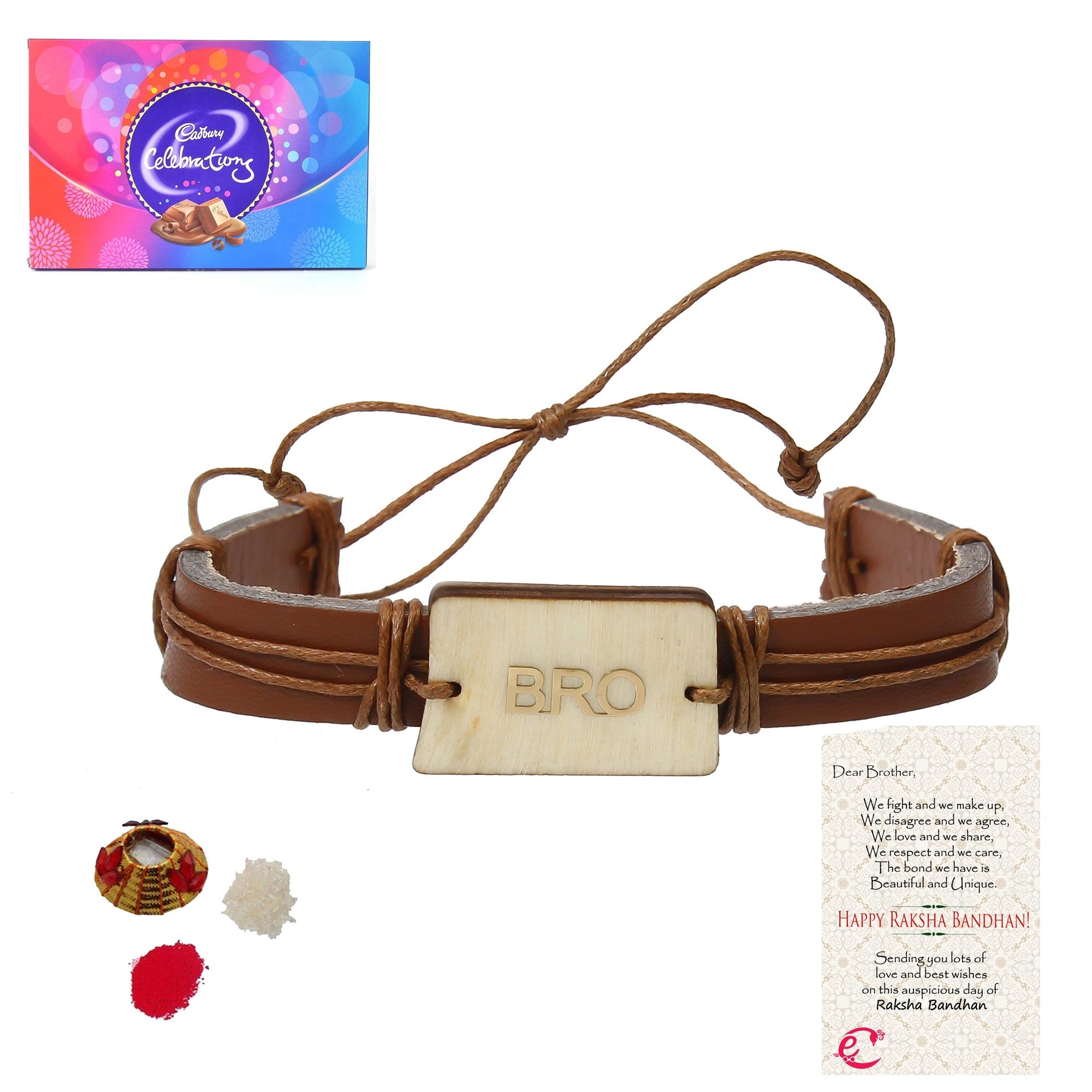 Designer Leather Bracelet BRO Rakhi with Cadbury Celebrations Gift Pack of 11 Assorted Chocolates and Roli Tikka Matki, Best Wishes Greeting Card Kafalo
