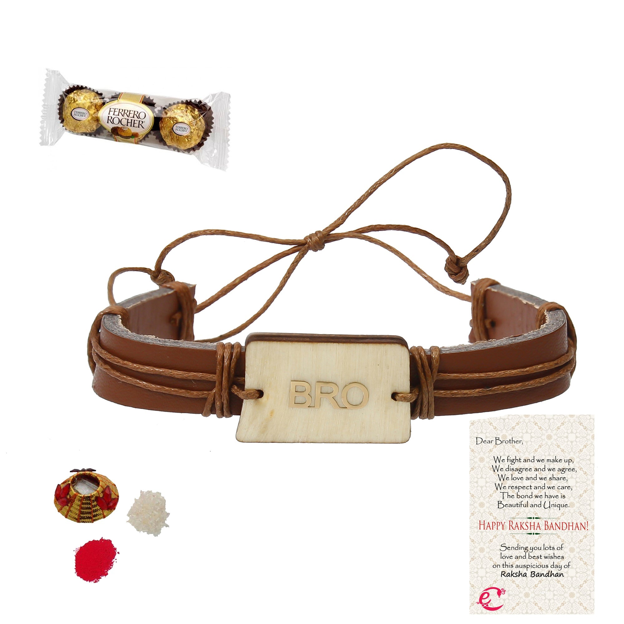 Designer Leather Bracelet BRO Rakhi with Ferrero Rocher (3 pcs) and Roli Tikka Matki, Best Wishes Greeting Card Kafalo