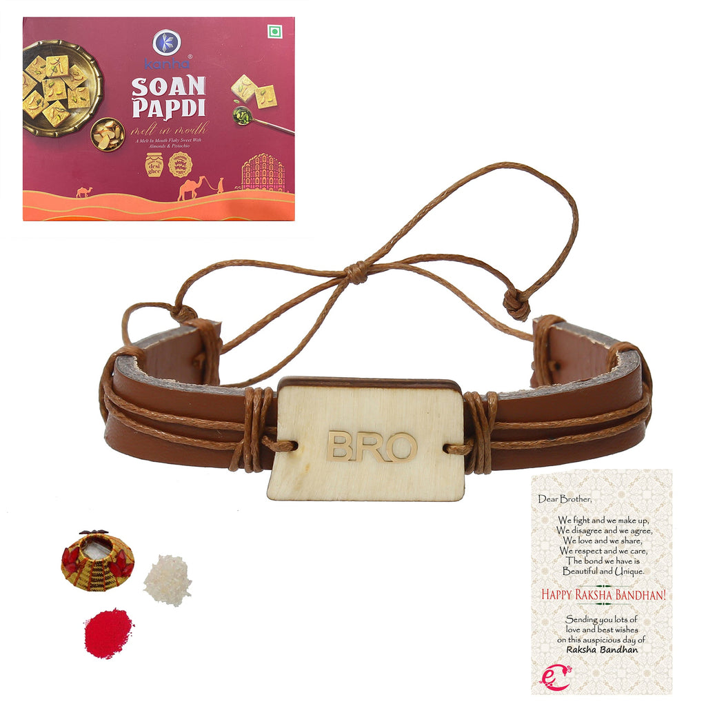 Designer Leather Bracelet BRO Rakhi with Soan Papdi (500 Gm) and Roli Tikka Matki, Best Wishes Greeting Card Kafalo