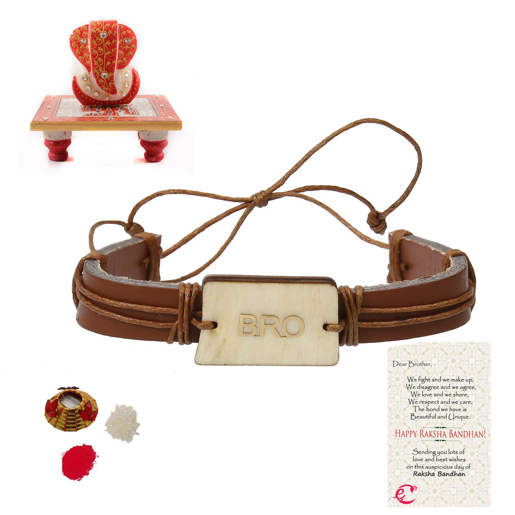 Designer Leather Bracelet BRO Rakhi with Ridhi Sidhi Marble chowki and Roli Tikka Matki, Best Wishes Greeting Card Kafalo